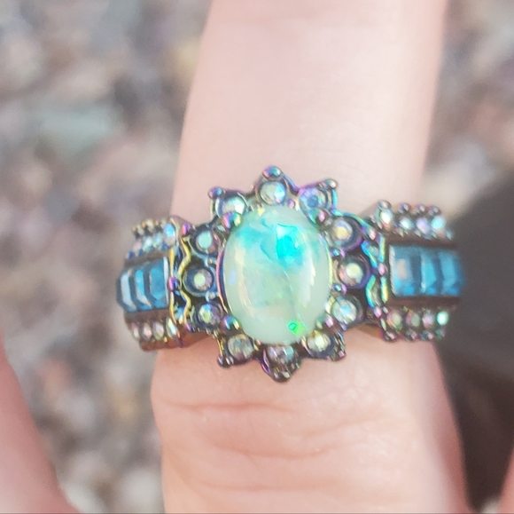 New Blue Fire Opal Rainbow Hematite Ring. - Picture 3 of 16